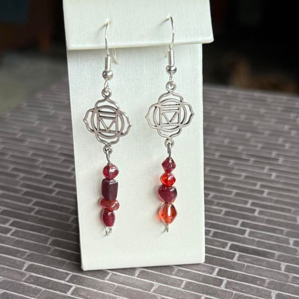 Root Chakra Symbol and Red Beaded Sterling Silver Dangle Earrings